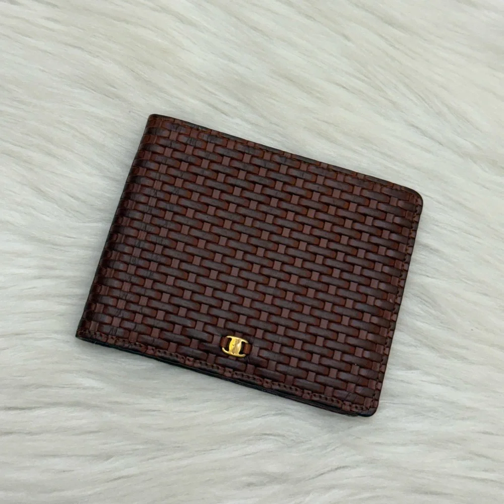 SALVATORE FERRAGAMO - BROWN WOVEN LEATHER BI-FOLD WALLET